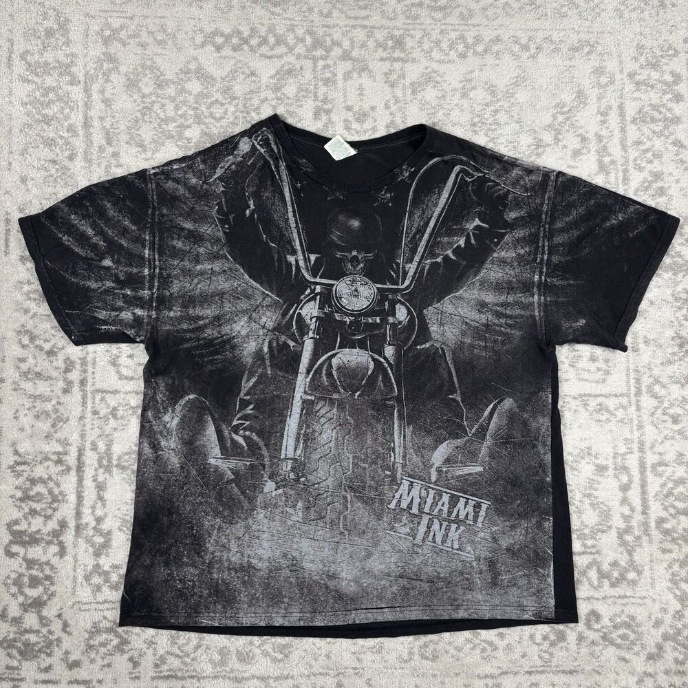 Miami Ink T-Shirt Y2K Biker Skeleton Chopper All Over Print Size 2XL XXL